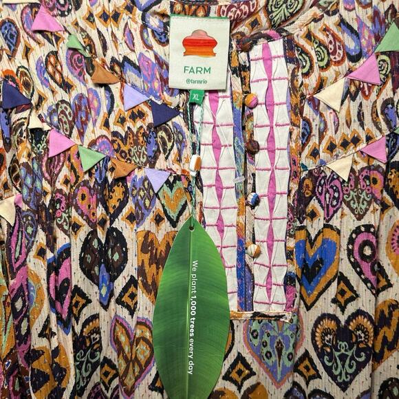 Farm Rio Cream Hearts Ikat Maxi Dress Sz XL Patchwork Boho - Picture 6 of 8